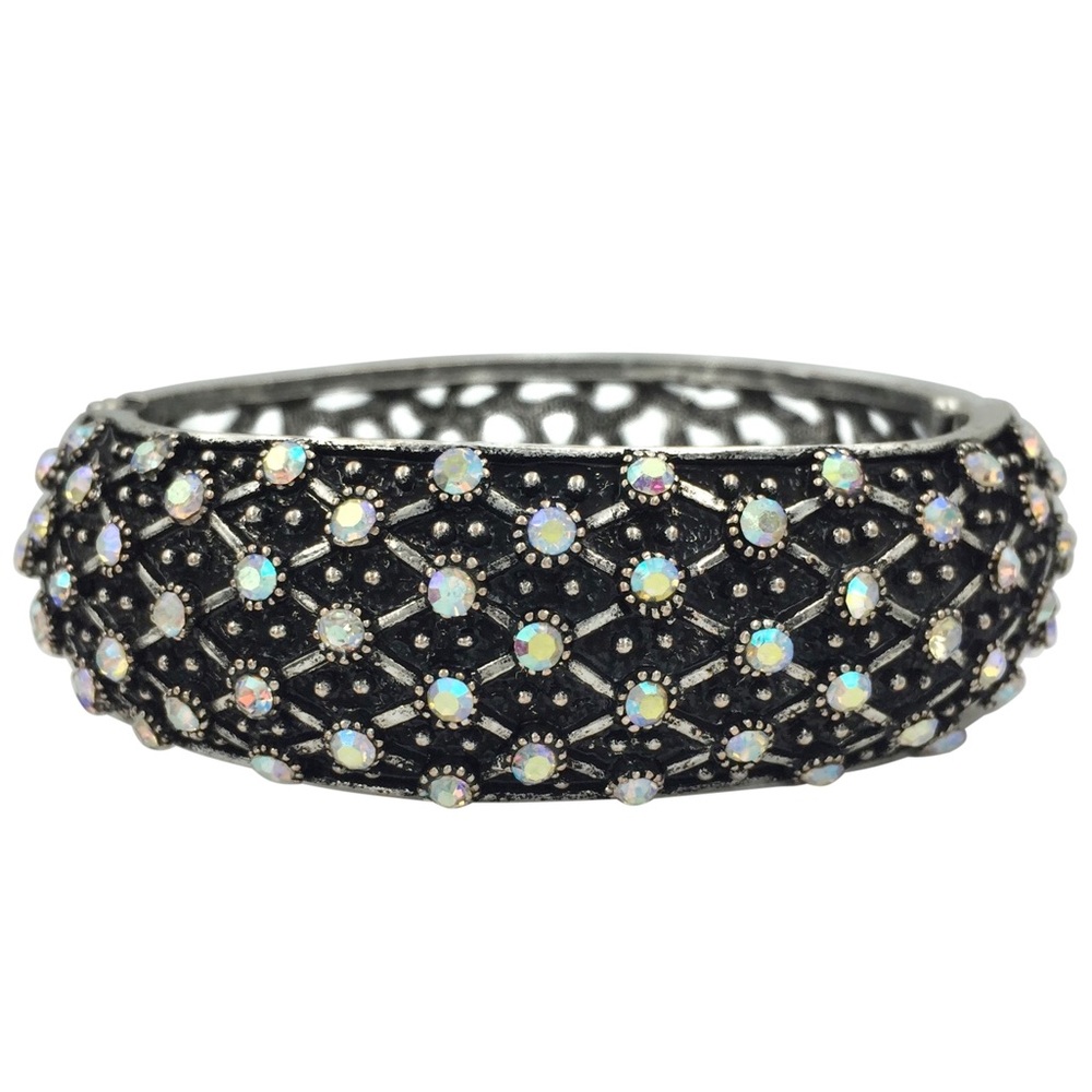 AB Iridescent Rhinestone Dot Silver Statement Hinged Bangle Bracelet